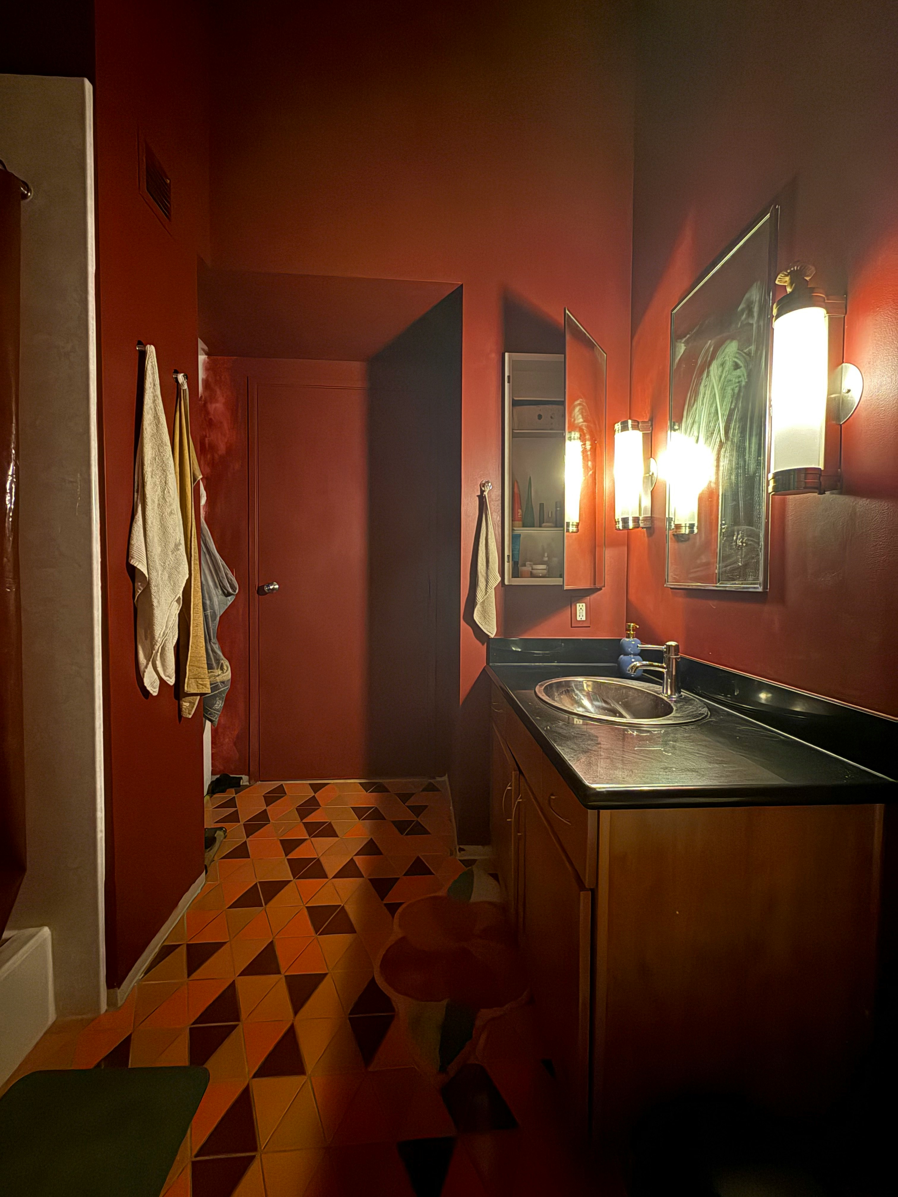 SELF-PORTRAIT, dark red paint color by Backdrop. – Dark, Red, Bathroom, Ceiling, Door, Trim